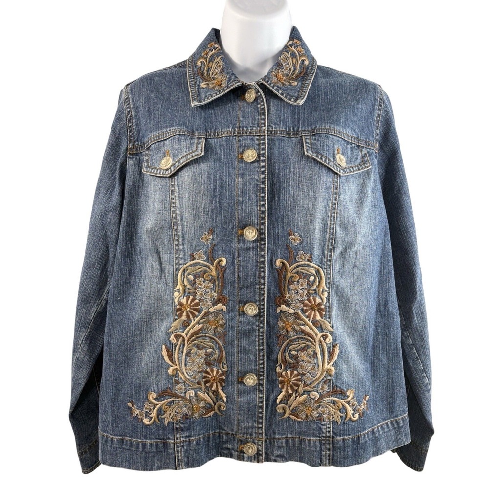 Laura Ashley Denim Jacket Women's Size Small Embroidered Floral Western Boho